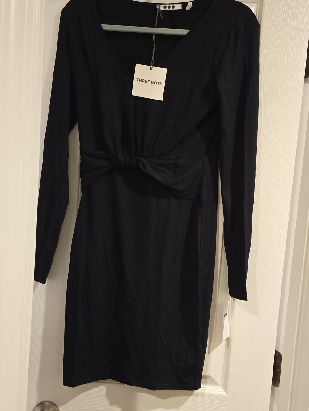 Three Dots Black Long-Sleeve Twist-Front Sheath Dress